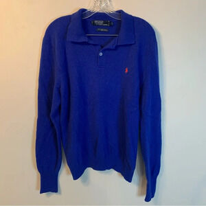 Polo Ralph Lauren Blue 100% Lambswool Knitted Long Sleeve Polo Sweater XL